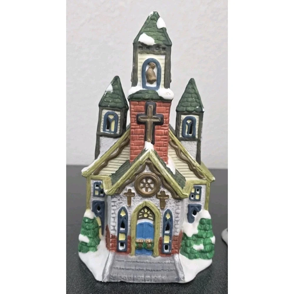 2pc CHRISTMAS VILLAGE PORCELAIN SNOW CHURCH Bakery HOUSE Decor Holiday Town